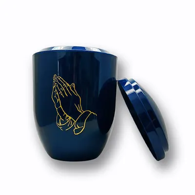 Cheapest Funeral Ash Urn For Cremation in ABS plastic material and Blue color (ref PABLUE) side view