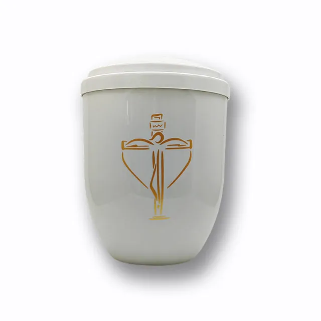 Affordable and Meaningful: Plastic Human Ash Urn in White with Cross Symbol (ref PAWHITE)