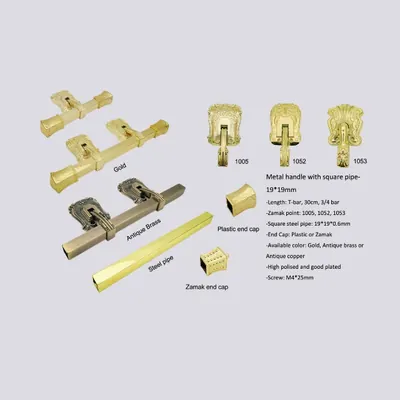 Classic square bar coffin handles with ornate back plate 1052 in gold plating side view